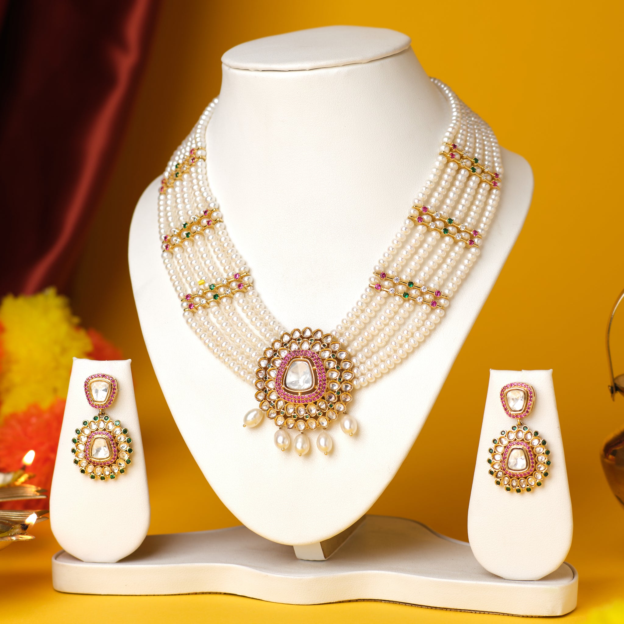 Multi-Strand Pearl Necklace Set with Grand Pendant