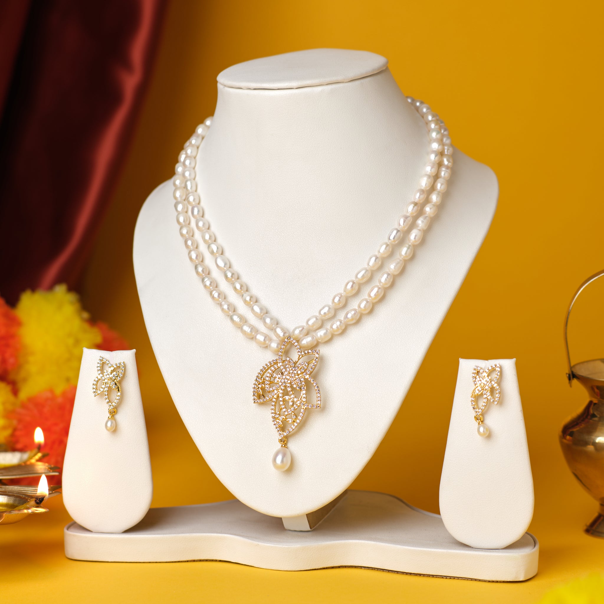 Double-Strand Pearl Necklace Set with Floral Pendant