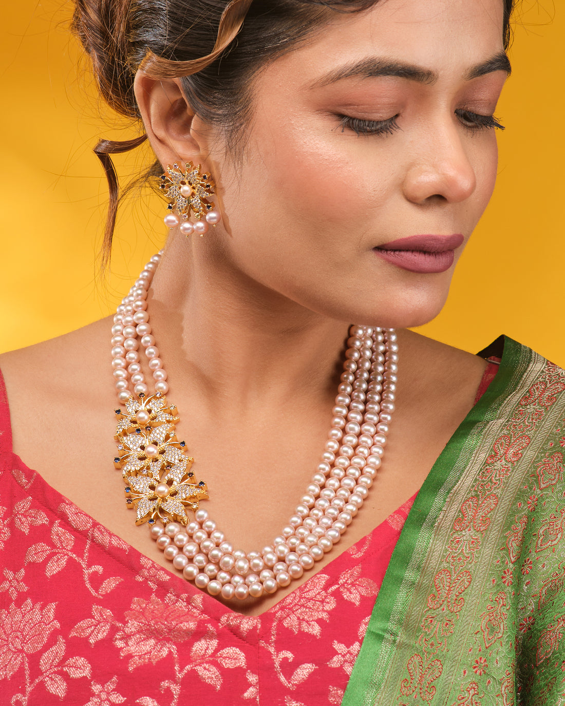 Floral Beautiful Pearl CZ Necklace Set