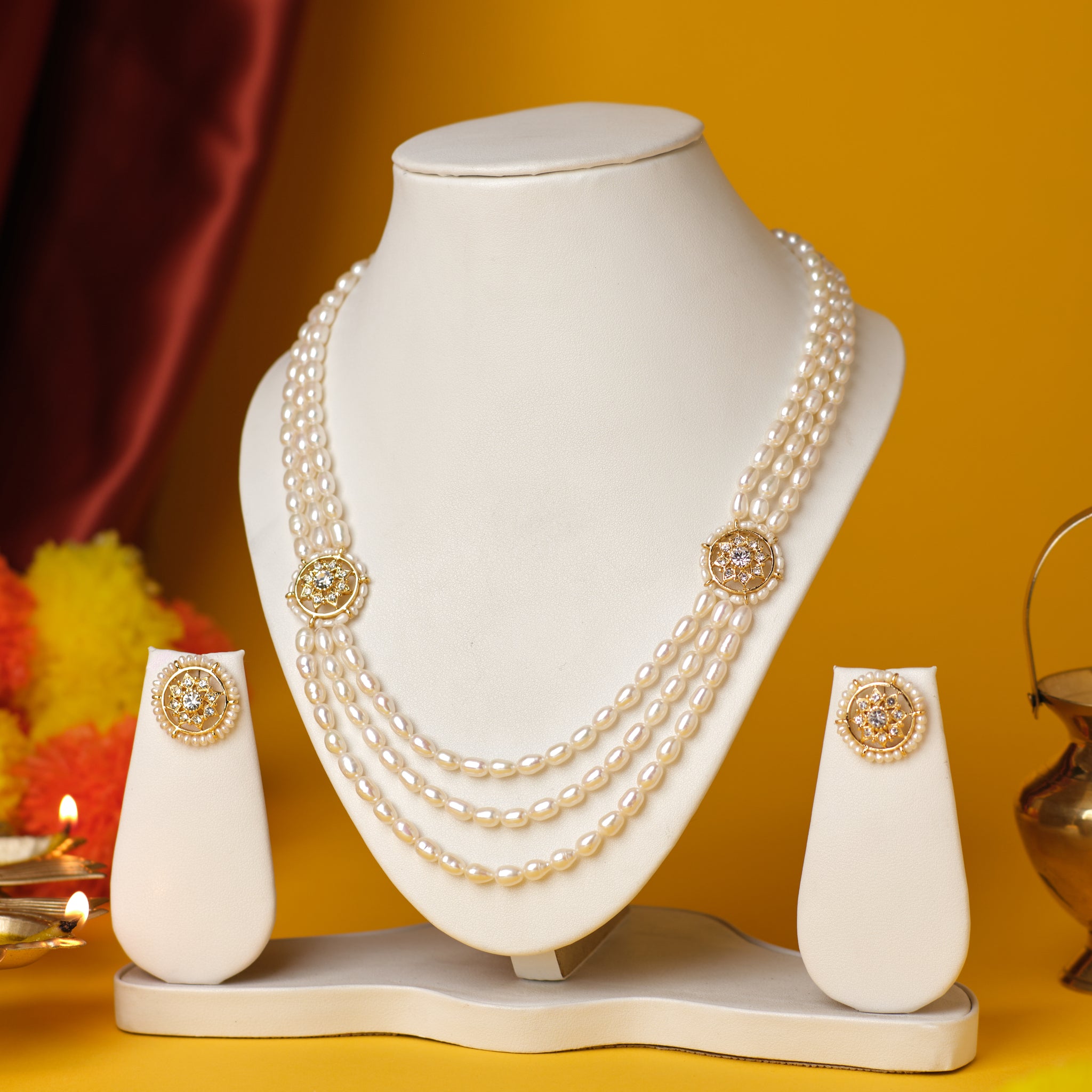 Triple-Strand Pearl Necklace Set with Circular Motifs