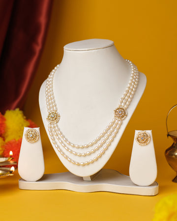 Triple-Strand Pearl Necklace Set with Circular Motifs