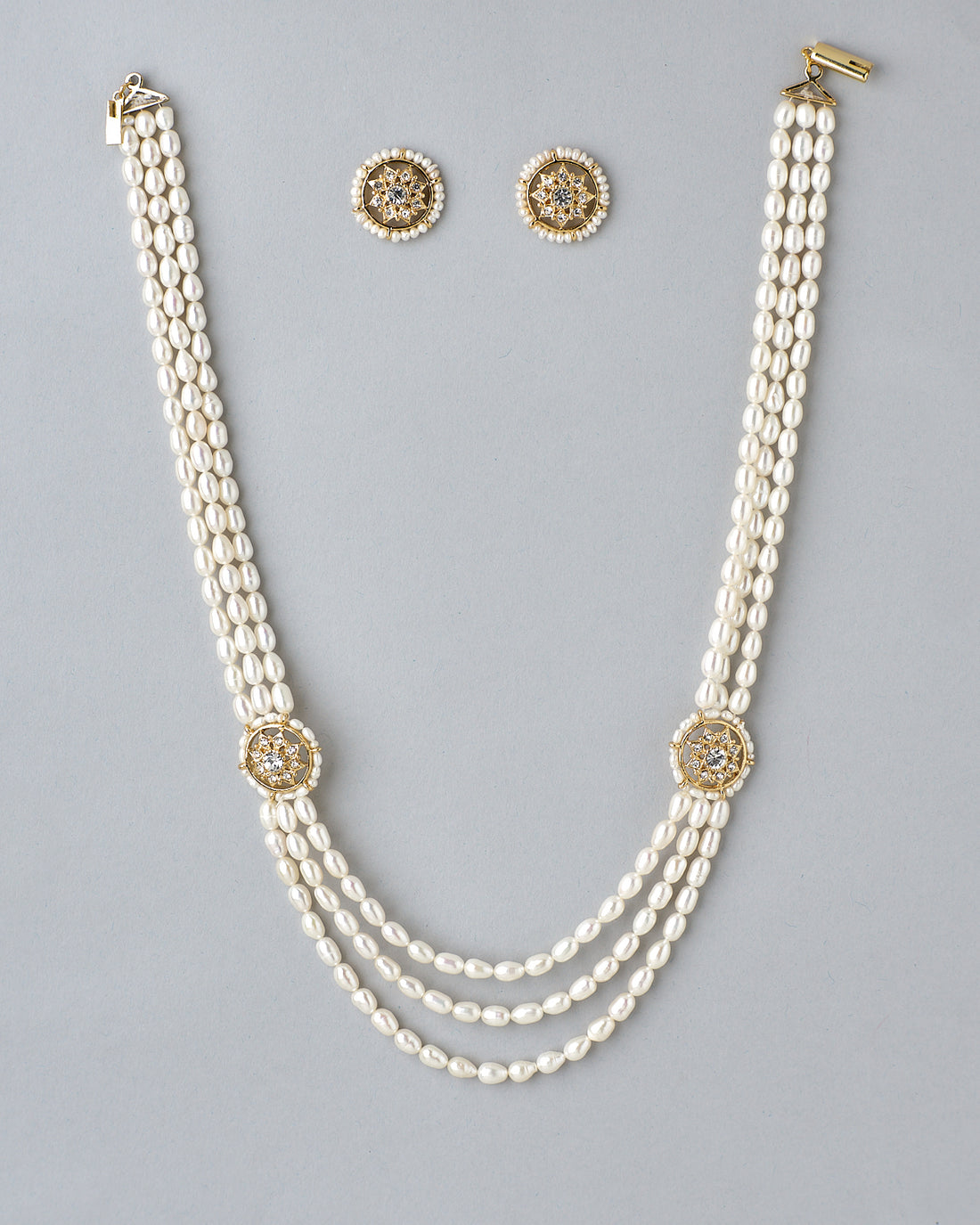 Triple-Strand Pearl Necklace Set with Circular Motifs
