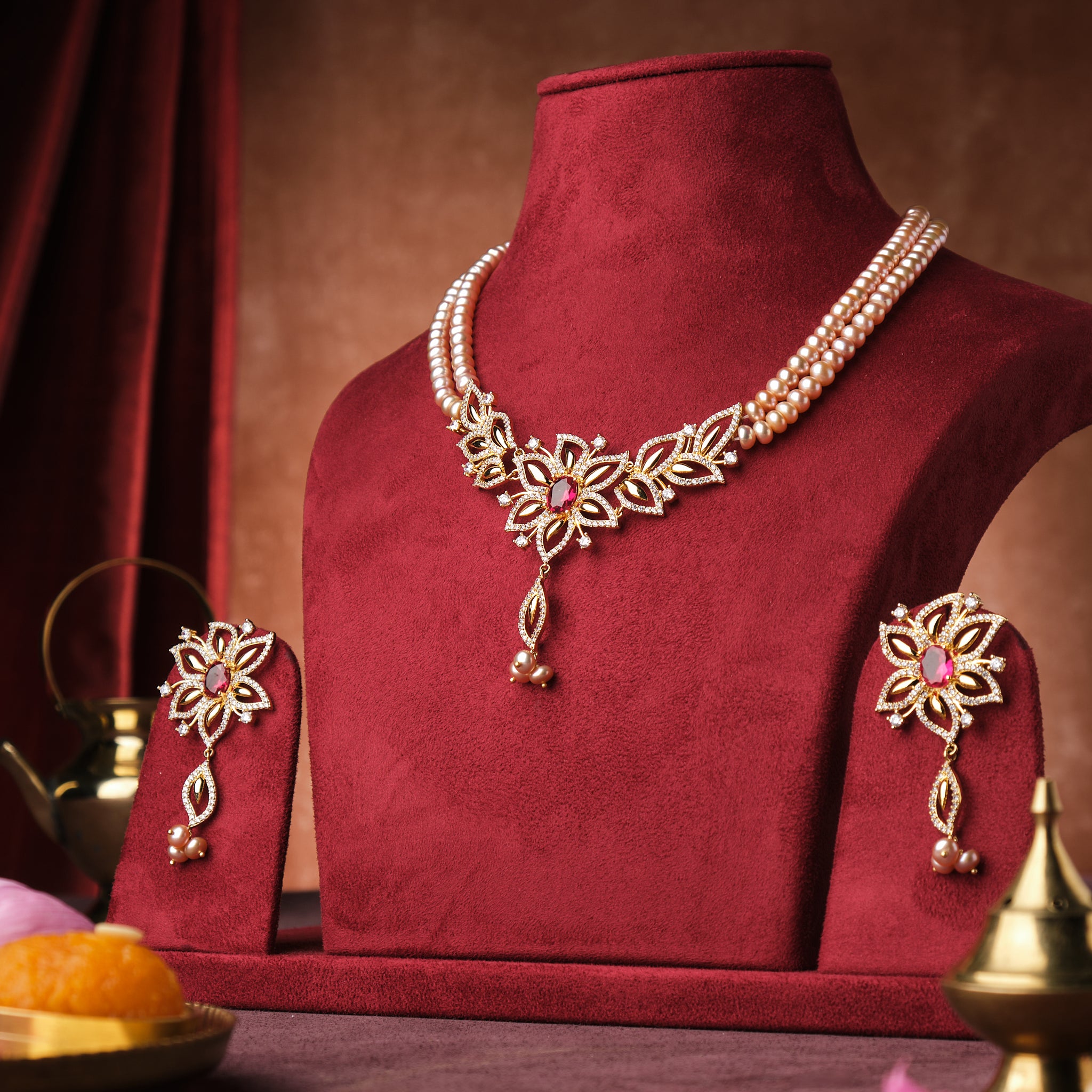 Amara Intricate Floral CZ Pendant Pearl Necklace Set