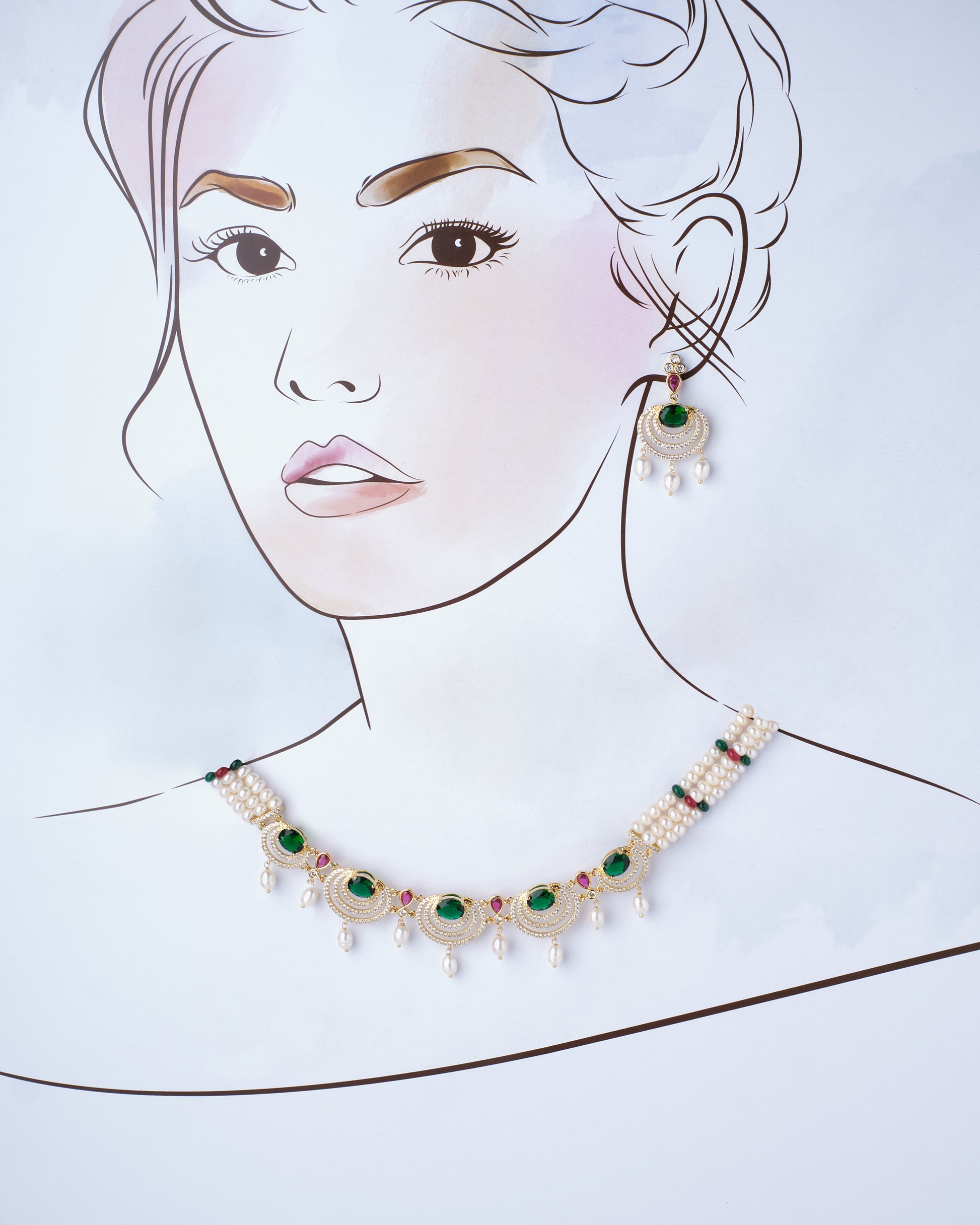 Illustration of a woman's face with real earrings and a Glorious CZ Pendant Pearl Necklace Set by Chandrani Pearls India placed to complement the drawing.