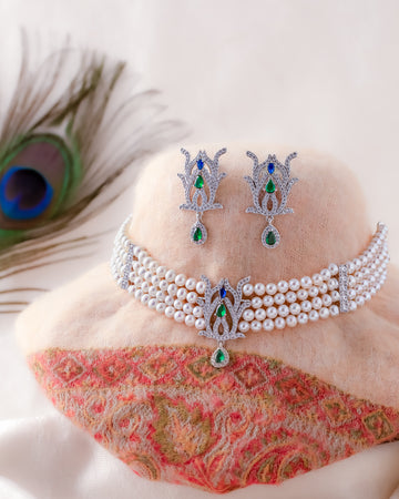 Ravishing Pearl Necklace Set with Green CZ Accents