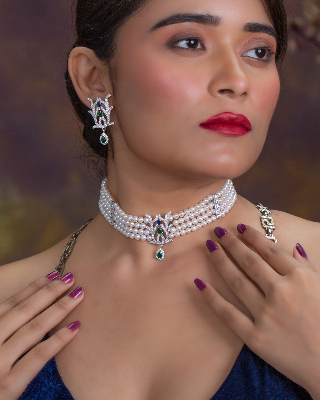 Ravishing Pearl Necklace Set with Green CZ Accents