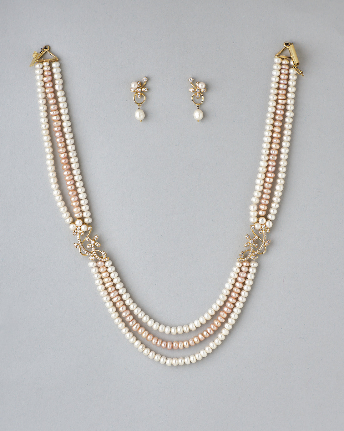 Multi-Strand Pearl Necklace Set with Side Floral Accents