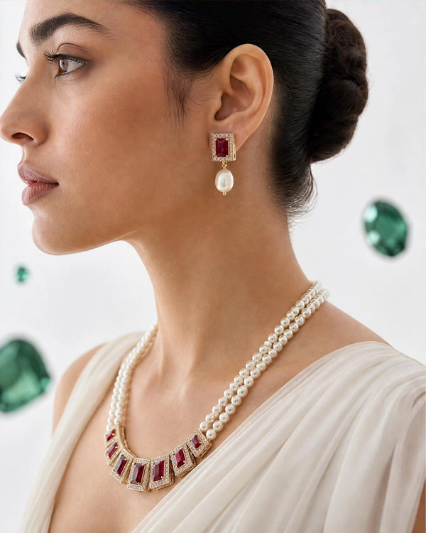 Royal Emerald-Cut Ruby & CZ Dual Pearl Strand Jewellery Set