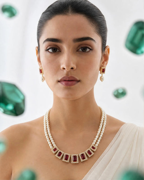 Royal Emerald-Cut Ruby & CZ Dual Pearl Strand Jewellery Set