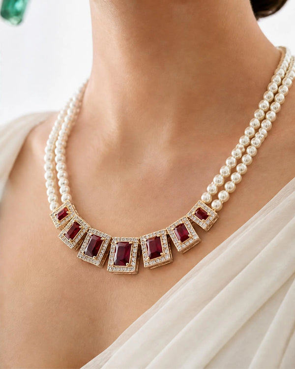 Royal Emerald-Cut Ruby & CZ Dual Pearl Strand Jewellery Set