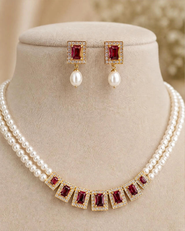 Royal Emerald-Cut Ruby & CZ Dual Pearl Strand Jewellery Set