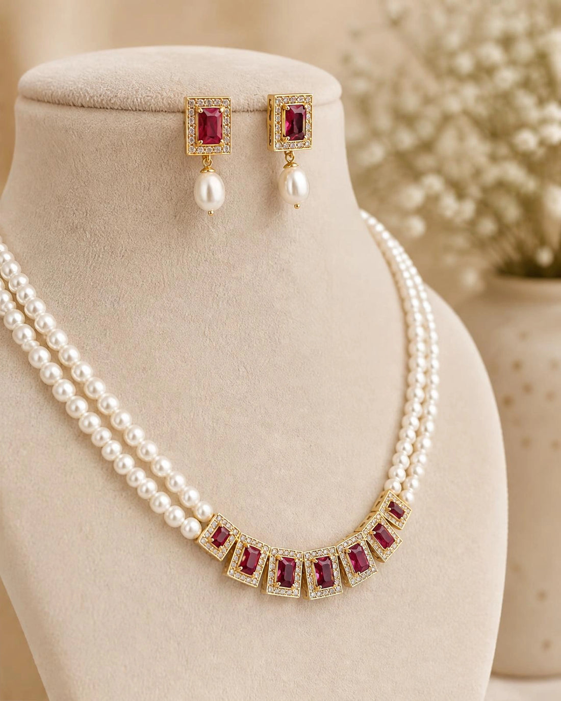 Royal Emerald-Cut Ruby & CZ Dual Pearl Strand Jewellery Set