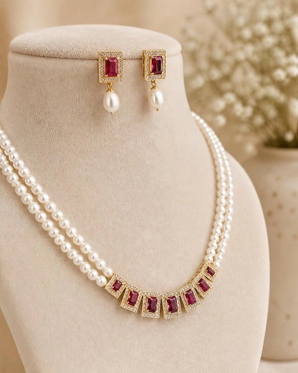 Royal Emerald-Cut Ruby & CZ Dual Pearl Strand Jewellery Set
