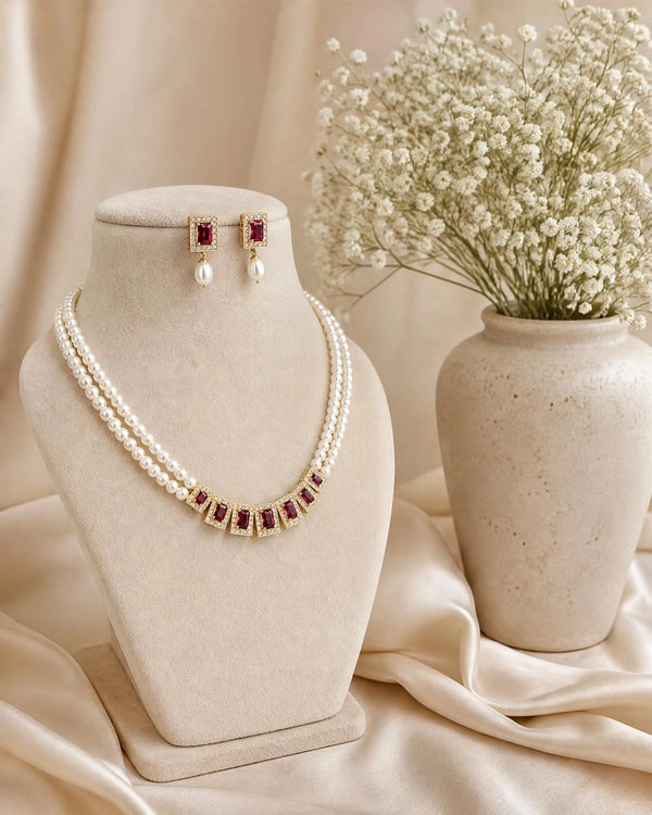 Royal Emerald-Cut Ruby & CZ Dual Pearl Strand Jewellery Set