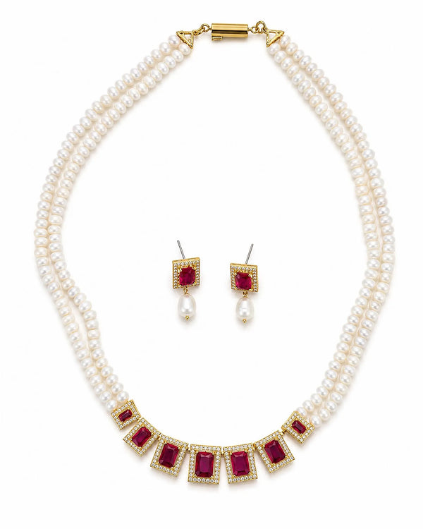 Royal Emerald-Cut Ruby & CZ Dual Pearl Strand Jewellery Set