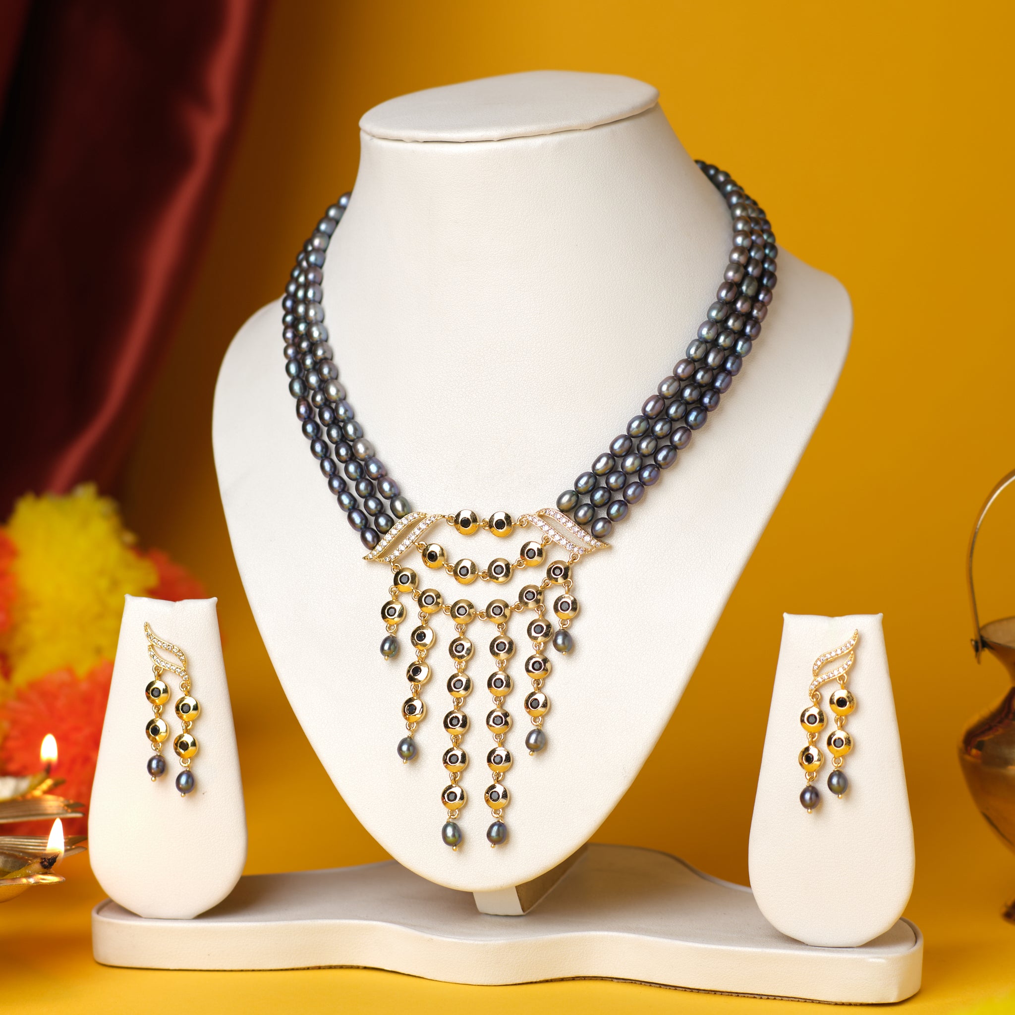 Bold Black Pearl Necklace Set with Cascading Drops
