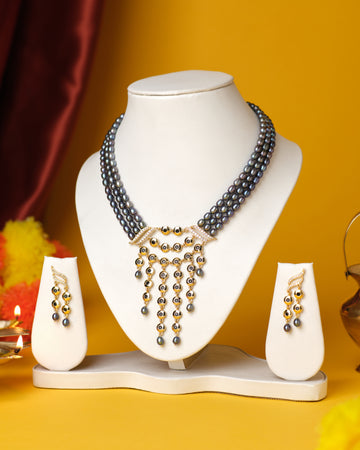 Bold Black Pearl Necklace Set with Cascading Drops