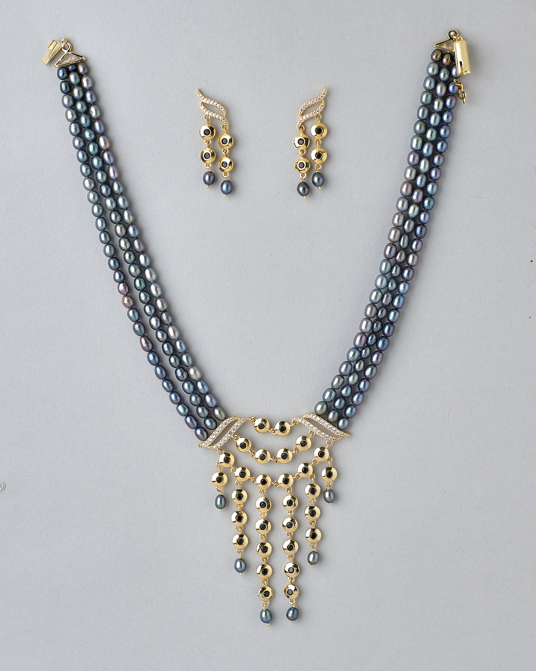 Bold Black Pearl Necklace Set with Cascading Drops