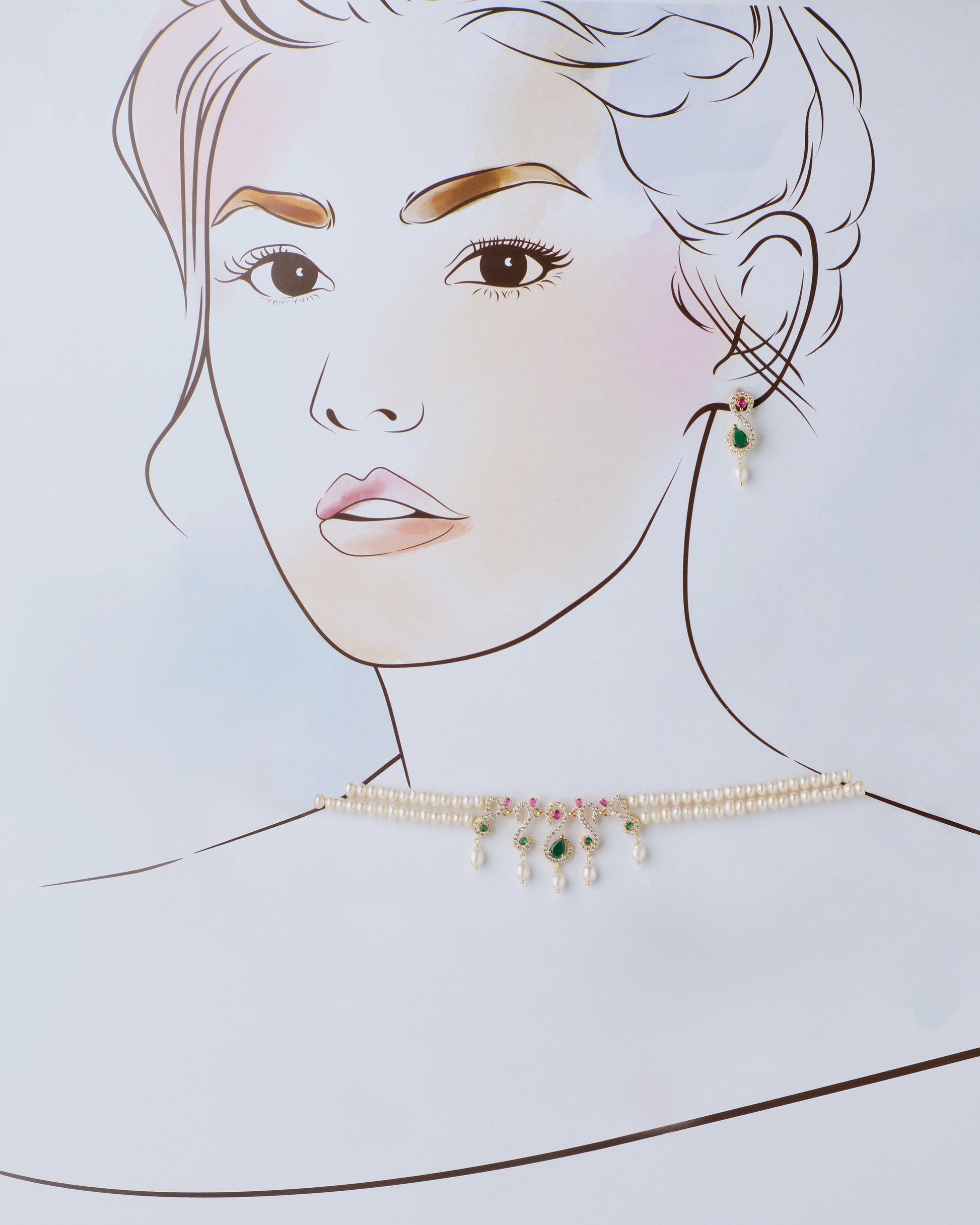 Illustration of a woman's face with real earrings and a Ravishing Multi Stone Pearl Necklace Set by Chandrani Pearls placed to align with her features.