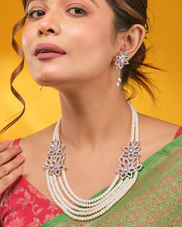 Floral Noble Pearl Drape Necklace Set