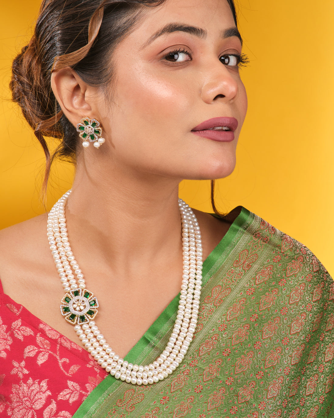 Noor Floral Side Supreme Pearl CZ Necklace Set
