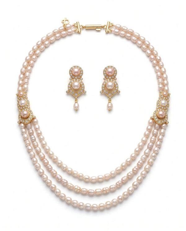 Regent Multi-Tiered Pink Pearl Set with Halo CZ Connectors