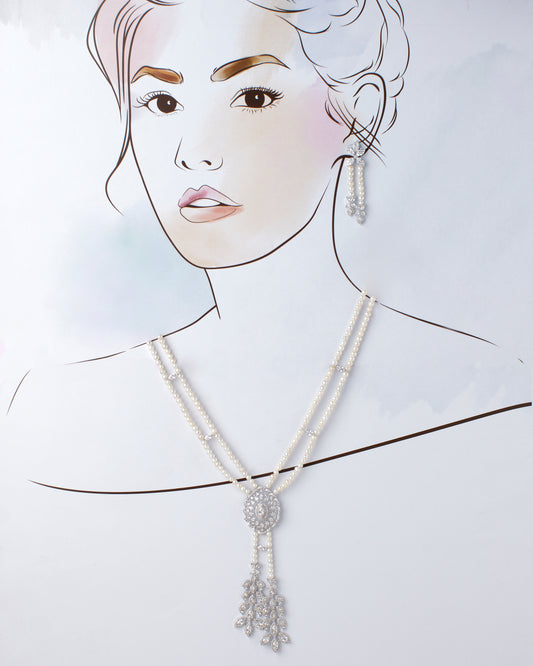 Illustration of a woman's face adorned with Chandrani Pearls' Sparkle Stardust Beautiful Necklace Set, featuring a detailed pearl necklace with an intricate pendant and matching dangling earrings that glitter like stardust against a plain background.