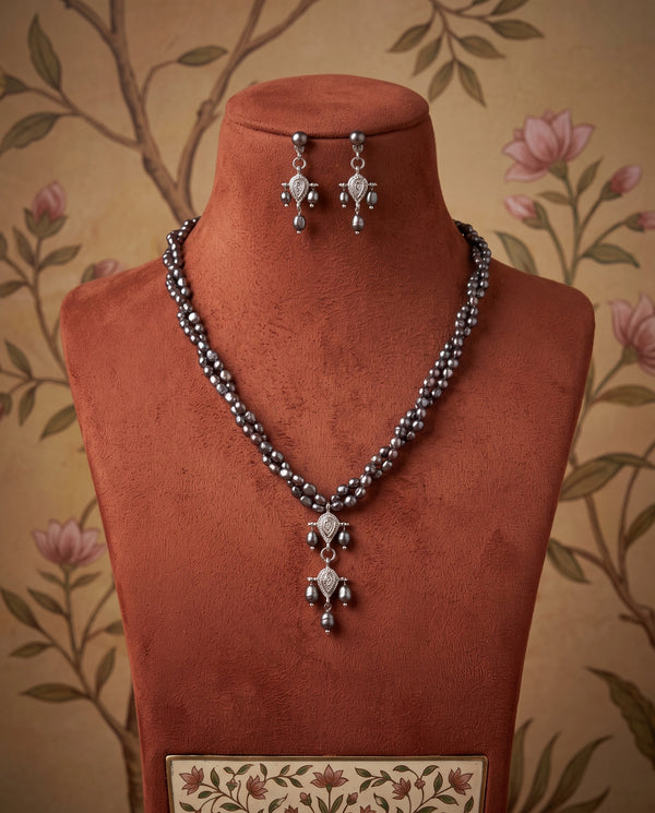 Silver-Tone Iridescent Black Pearl Double-Strand Pendant Necklace & Drop Earrings Set