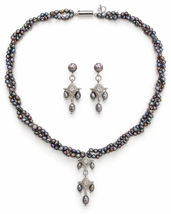Silver-Tone Iridescent Black Pearl Double-Strand Pendant Necklace & Drop Earrings Set
