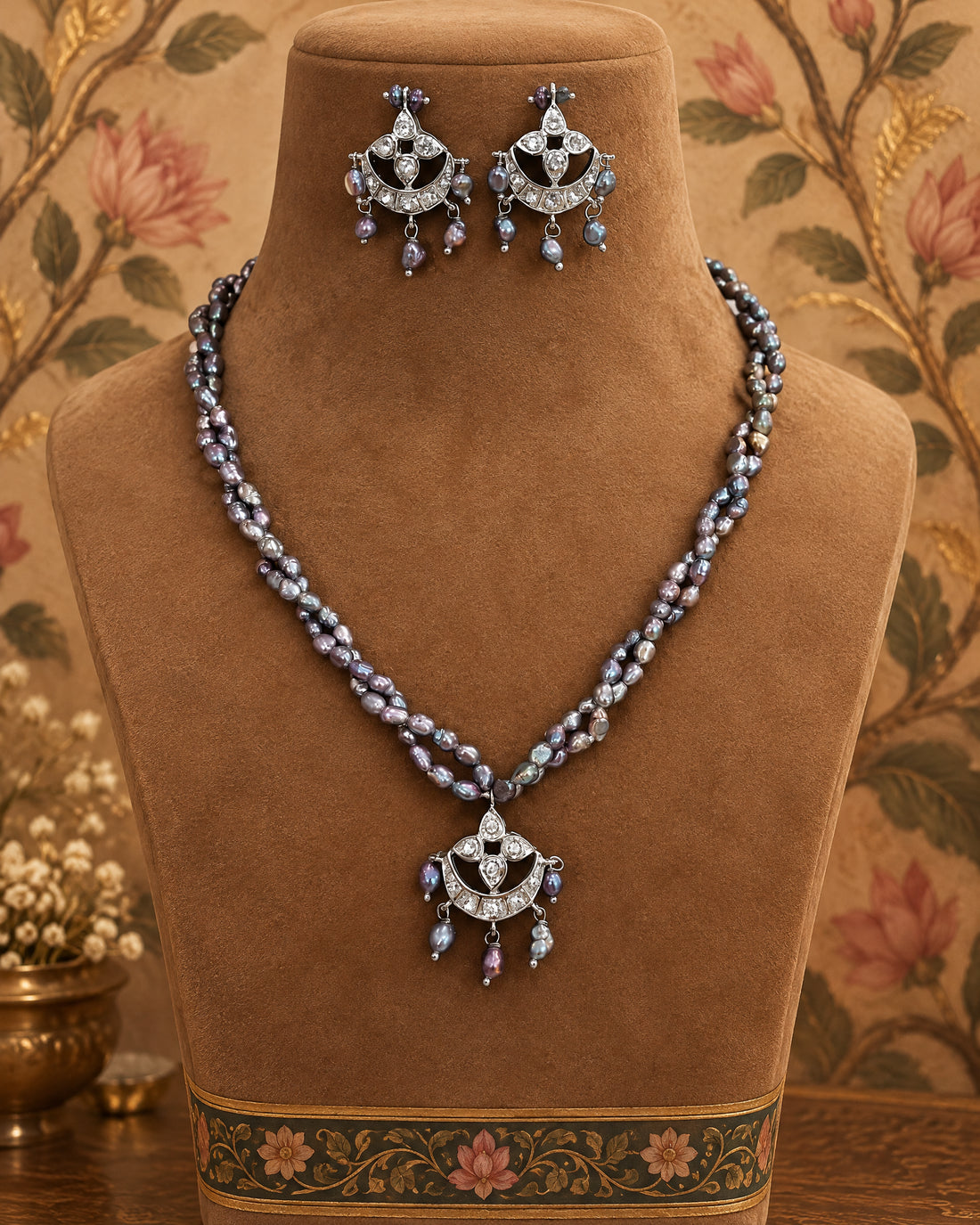 Silver-Tone Iridescent Black Pearl Double-Strand Necklace & Earrings Set