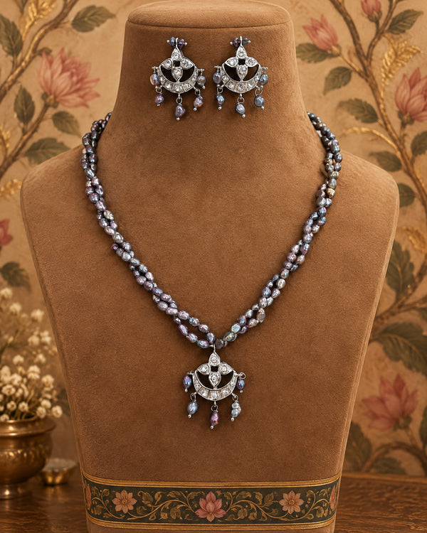 Silver-Tone Iridescent Black Pearl Double-Strand Necklace & Earrings Set