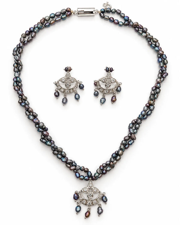Silver-Tone Iridescent Black Pearl Double-Strand Necklace & Earrings Set