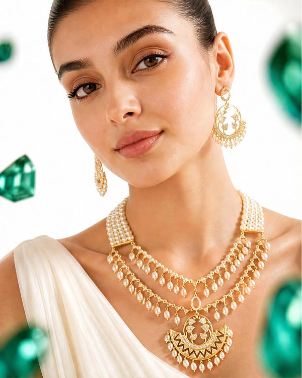 Royal Crescent & Pearl Mesh Bridal Necklace Set with Drop Fringe