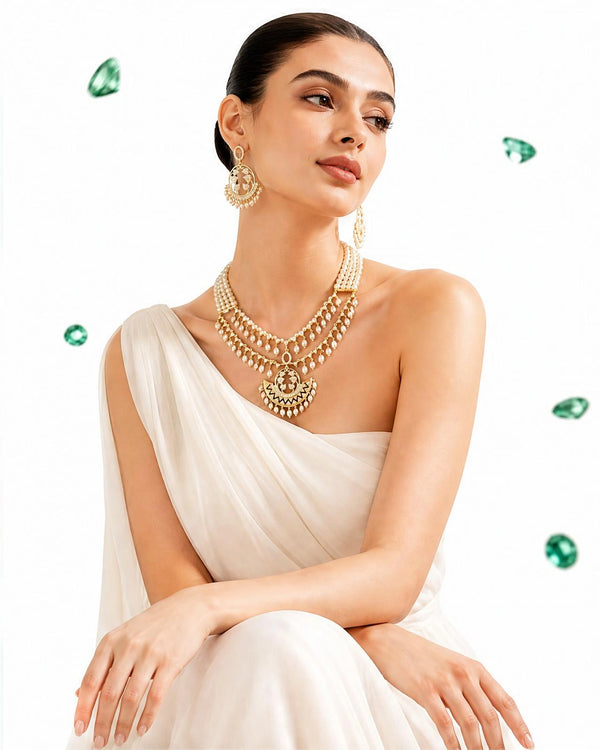 Royal Crescent & Pearl Mesh Bridal Necklace Set with Drop Fringe