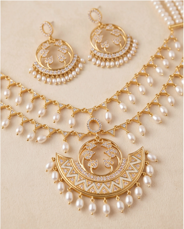 Royal Crescent & Pearl Mesh Bridal Necklace Set with Drop Fringe
