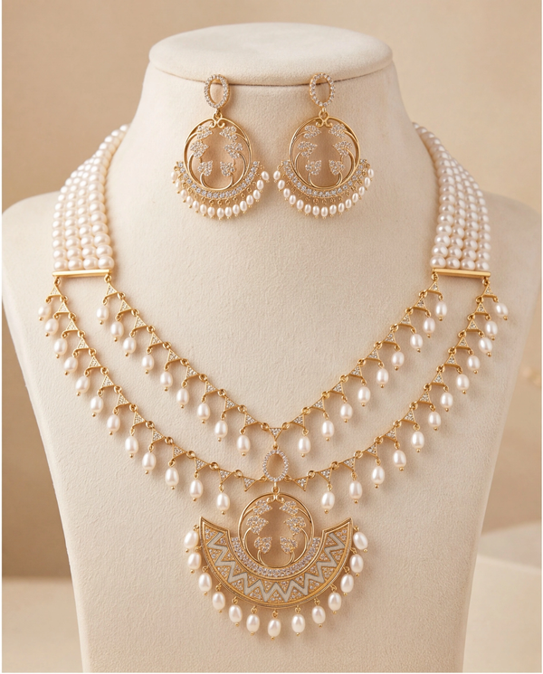 Royal Crescent & Pearl Mesh Bridal Necklace Set with Drop Fringe