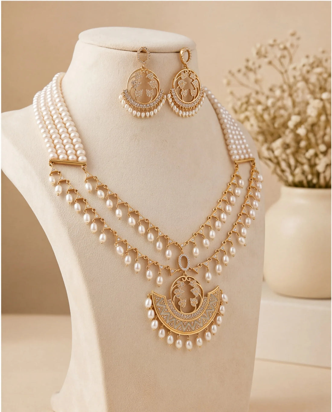 Royal Crescent & Pearl Mesh Bridal Necklace Set with Drop Fringe