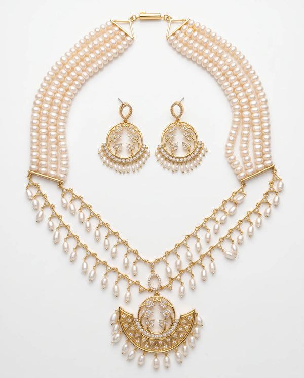 Royal Crescent & Pearl Mesh Bridal Necklace Set with Drop Fringe