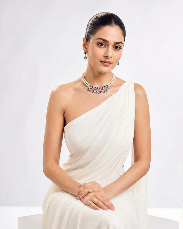 Double-Strand Pearl Necklace Set with Multi-Color CZ Gemstone Drops