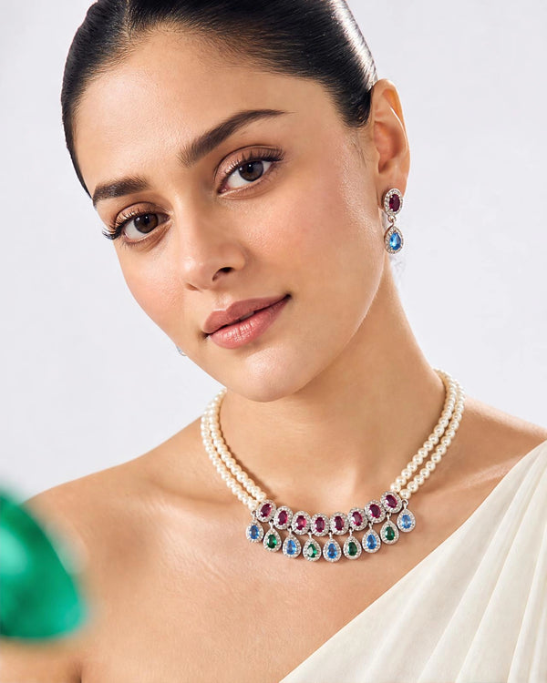 Double-Strand Pearl Necklace Set with Multi-Color CZ Gemstone Drops