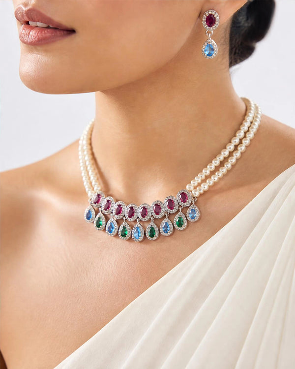 Double-Strand Pearl Necklace Set with Multi-Color CZ Gemstone Drops