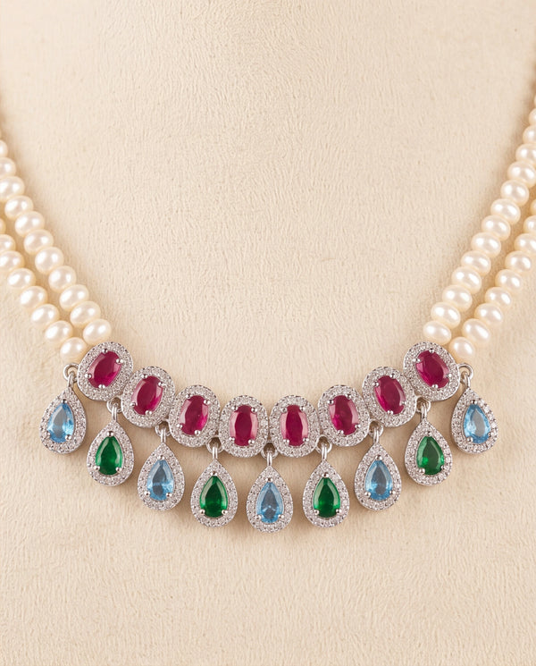 Double-Strand Pearl Necklace Set with Multi-Color CZ Gemstone Drops