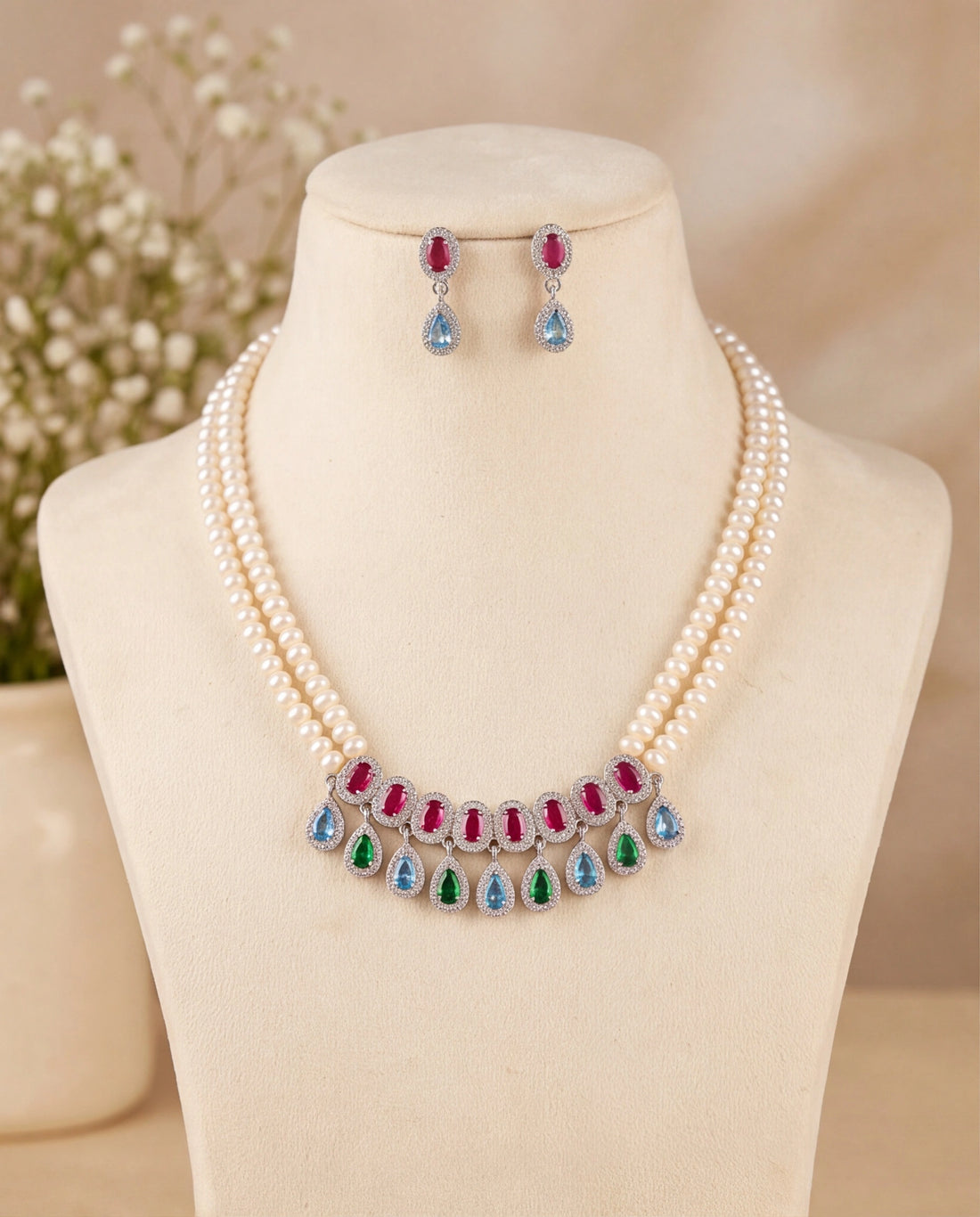 Double-Strand Pearl Necklace Set with Multi-Color CZ Gemstone Drops