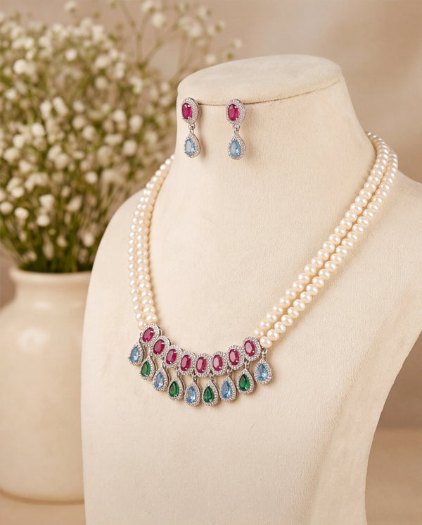 Double-Strand Pearl Necklace Set with Multi-Color CZ Gemstone Drops