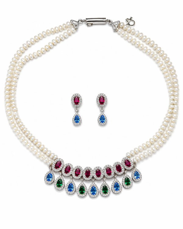 Double-Strand Pearl Necklace Set with Multi-Color CZ Gemstone Drops