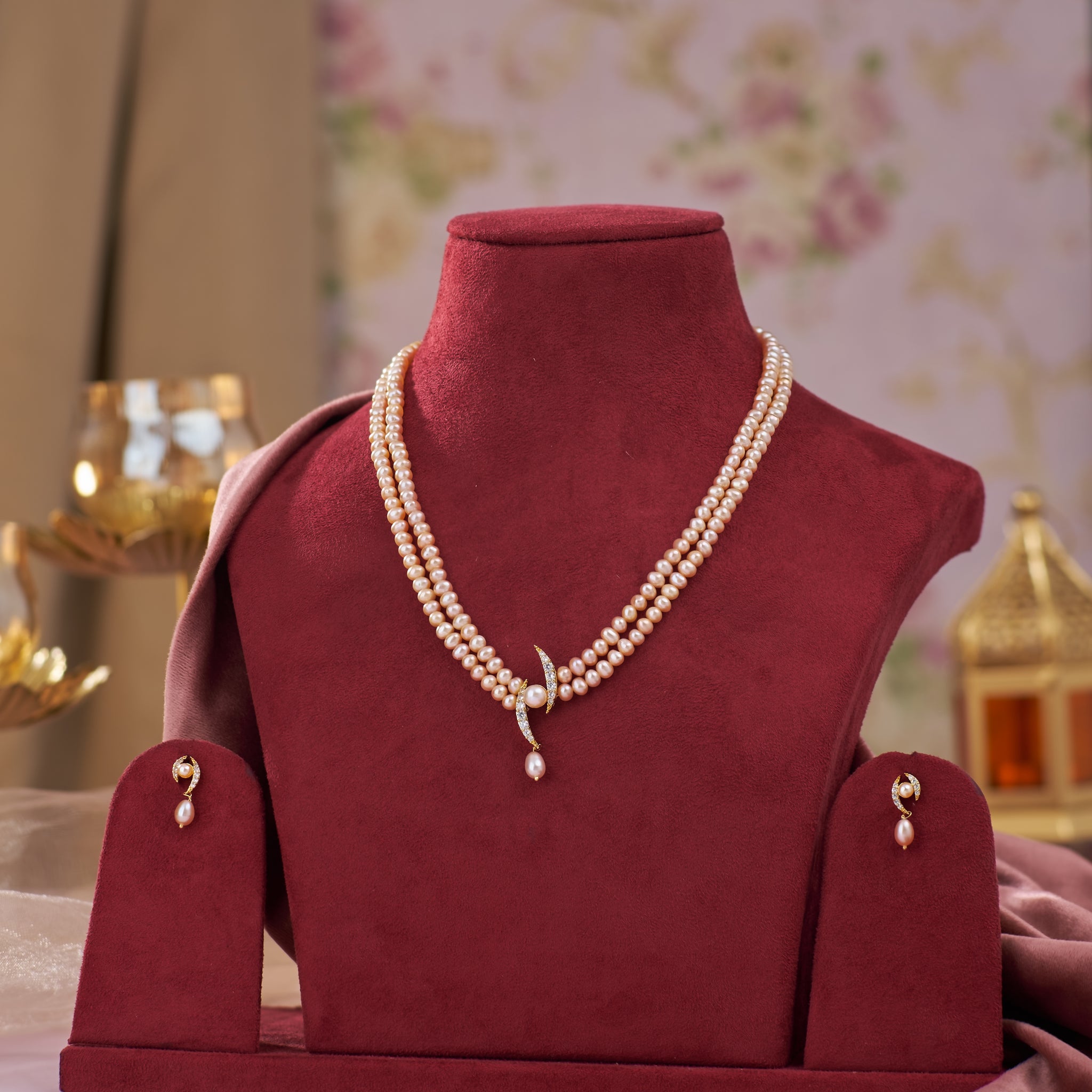 Blush Peach Bridal Pearl Necklace Set