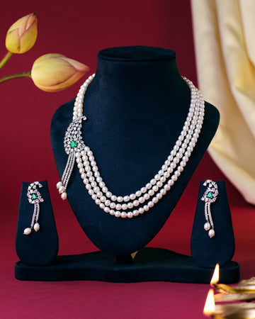 Regal Three-Layer Pearl Necklace Set with Emerald and Diamond Accents