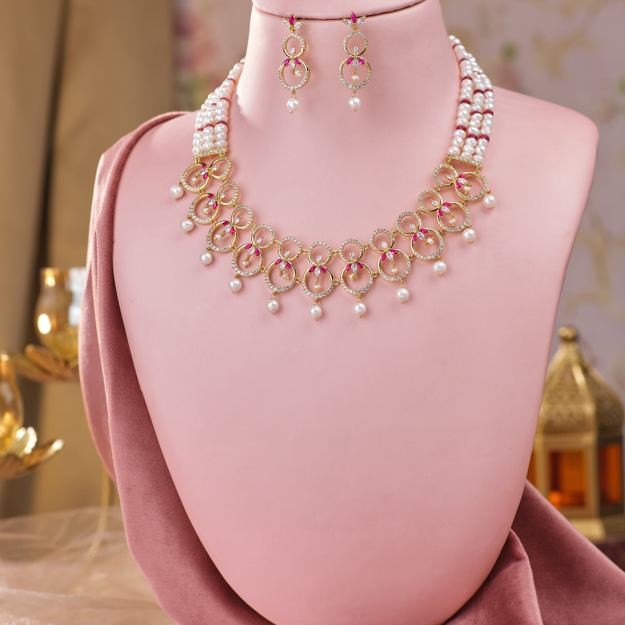 Ruby & Pearl Circle Necklace Set