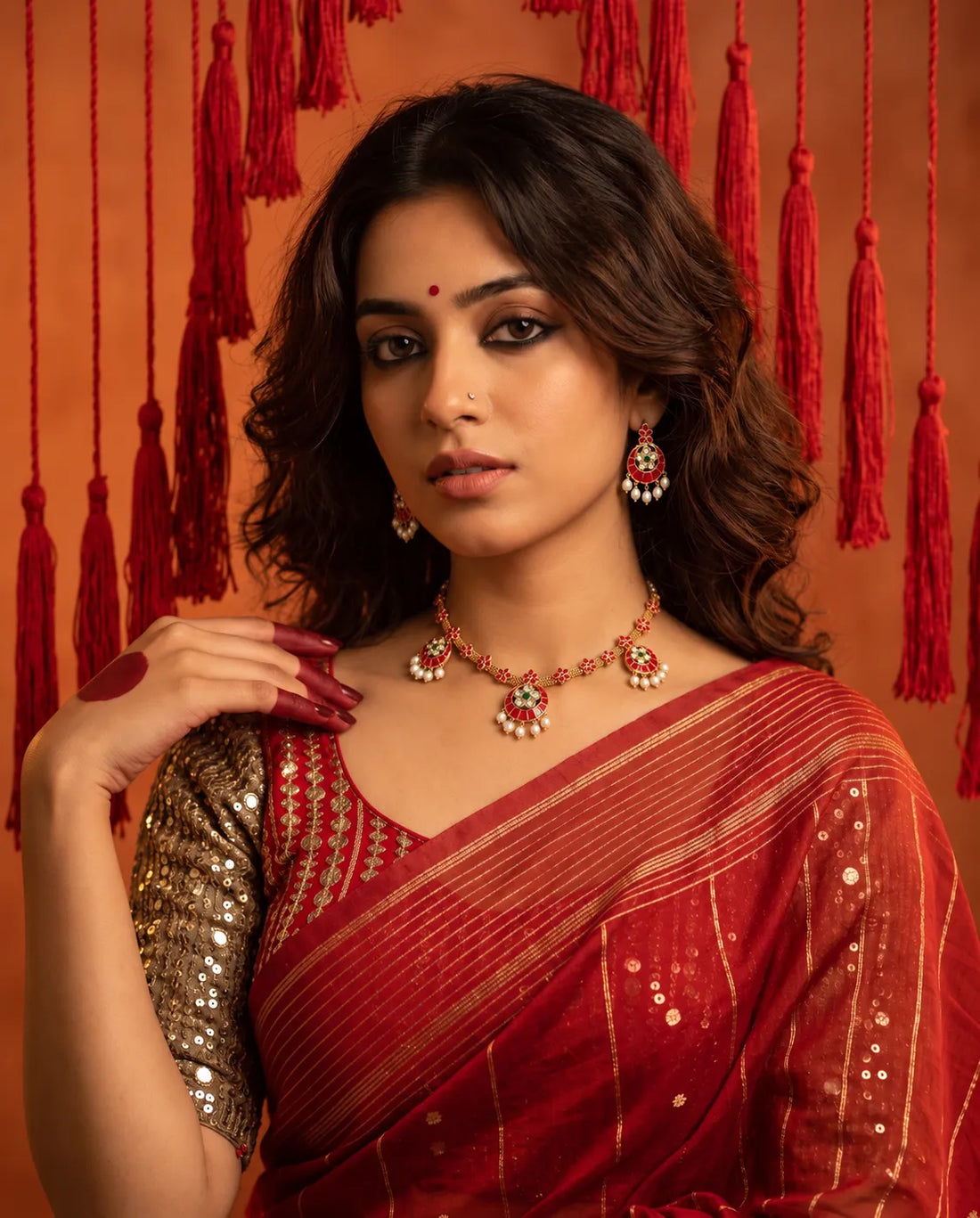 Gold-Tone Red Meenakari Floral Freshwater Pearl Chandbali Necklace & Earrings Set