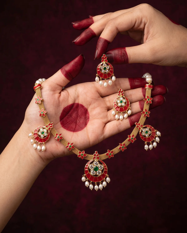Gold-Tone Red Meenakari Floral Freshwater Pearl Chandbali Necklace & Earrings Set